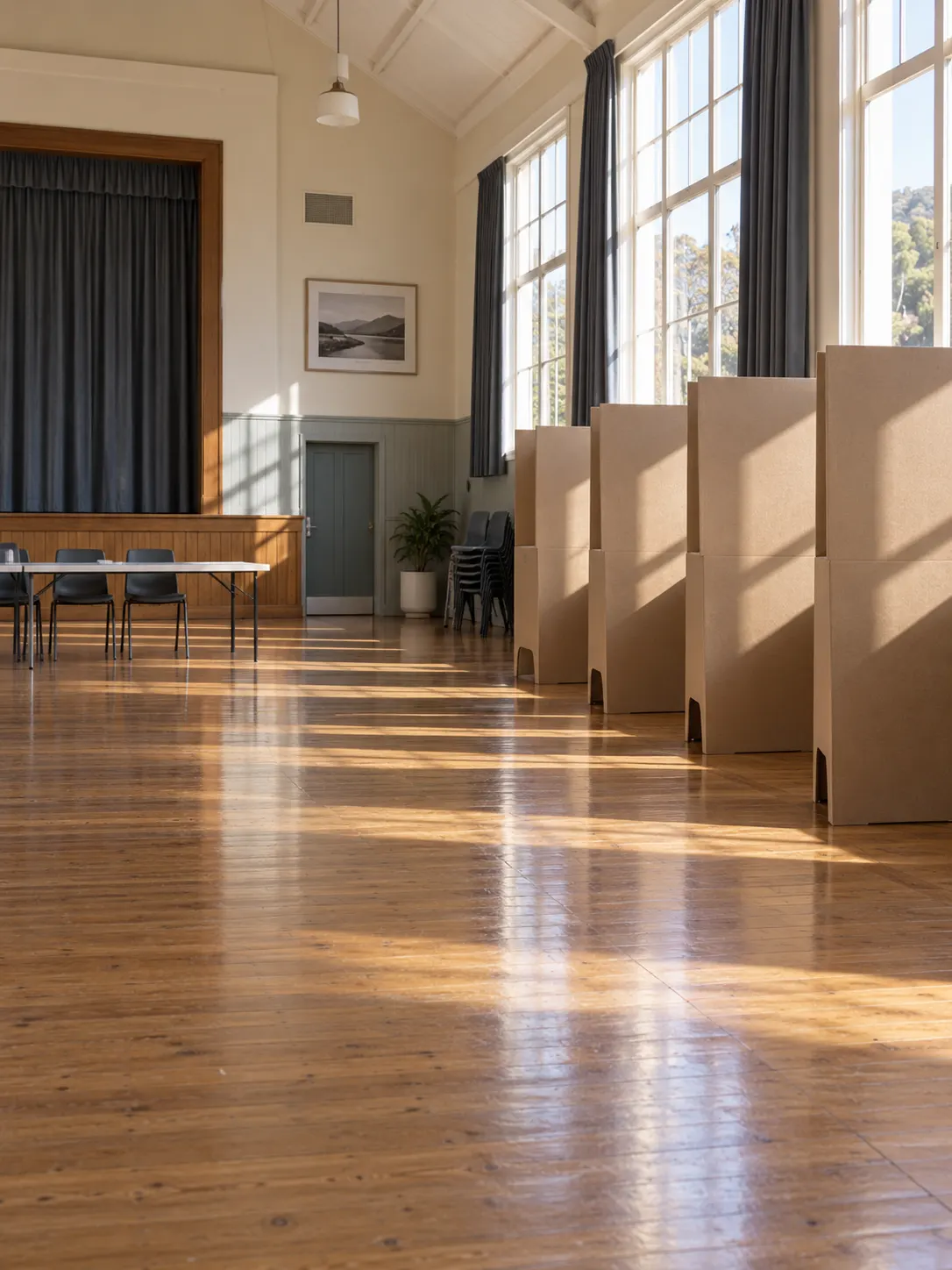 Cardboard voting booths in a sunlit community hall