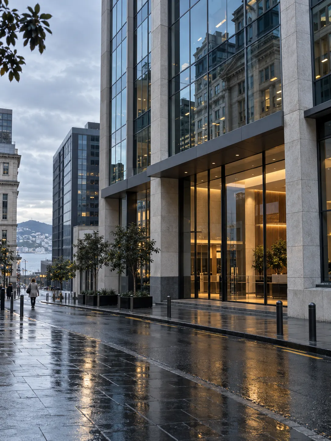A glass office tower on a wet city street at dusk