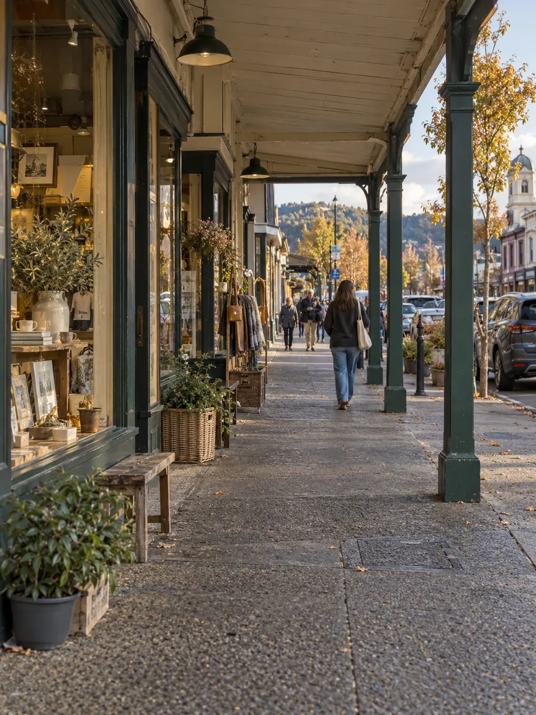 Shopfronts under a veranda on a provincial main street