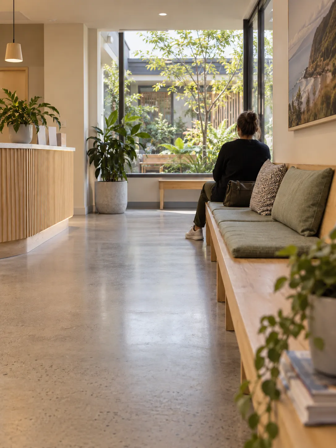 A clinic waiting area opening onto a leafy courtyard
