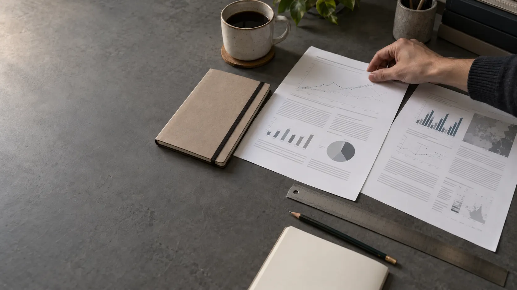 Printed charts, a notebook and a coffee on a desk, with a hand pointing at a graph