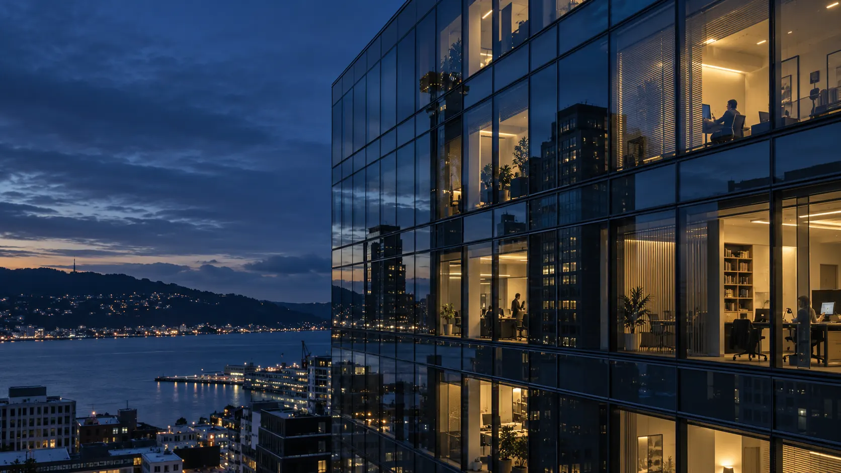 A lit glass office tower above a harbour city at dusk
